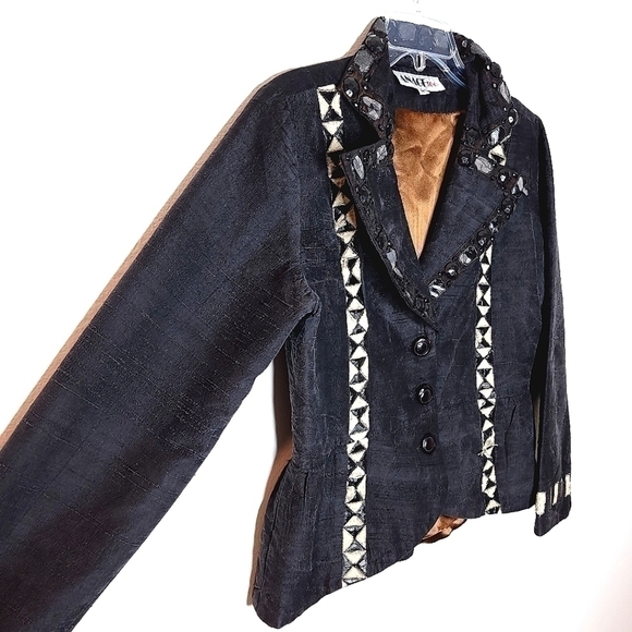 Anage Too vintage women's m black button down embellished sparkly geometric top - Picture 4 of 15